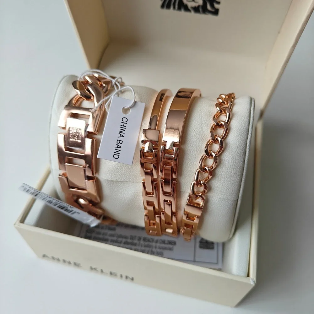 NEW Anne Klein Rose Gold‎ Teal Diamond Wrist Watch Bracelet Bangle 4 Piece Set